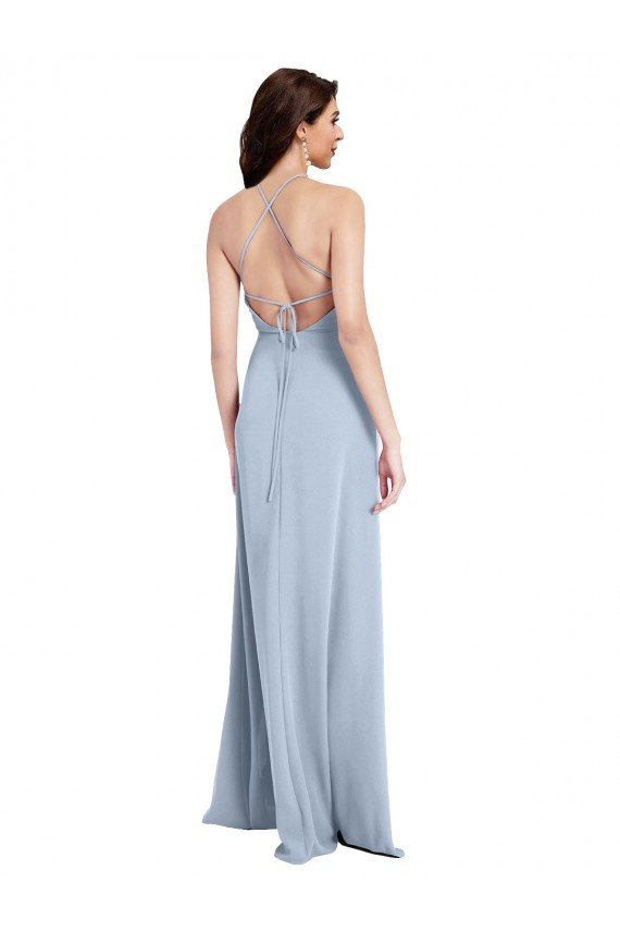Fit and Flare High Neck Crepe Evening Dress with Side Slit