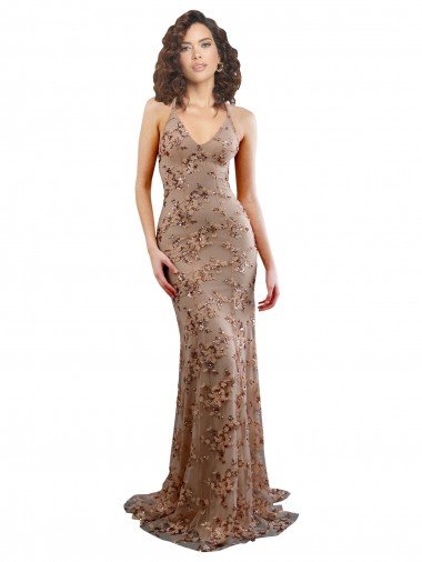 Floral Patterned Backless V-Neckline Sequin Evening Dress UK