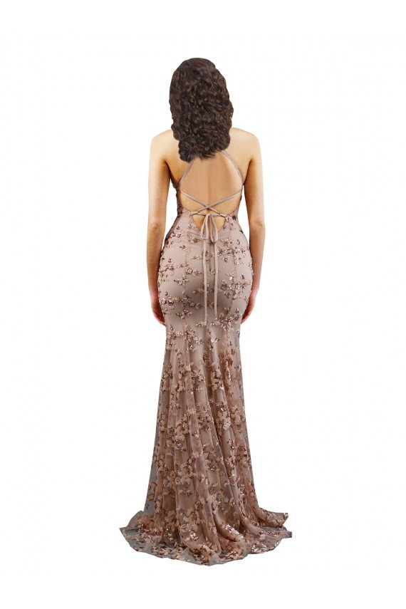 Floral Patterned Backless V-Neckline Sequin Evening Dress