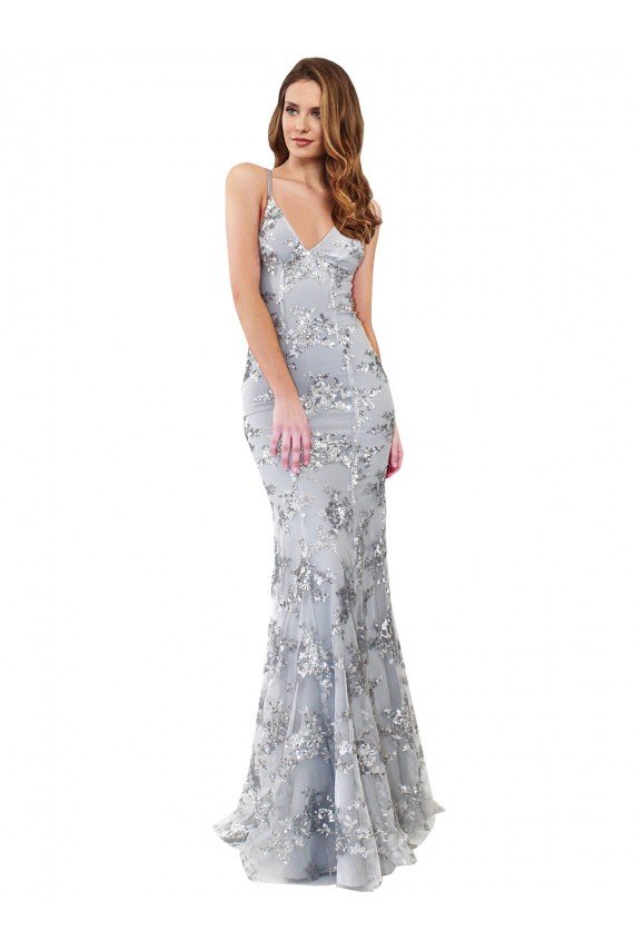 Silver V-Neckline Backless Floral Patterned Sequin Evening Dress