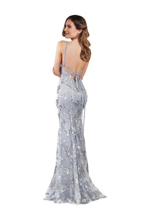 Silver V-Neckline Backless Floral Patterned Sequin Evening Dress