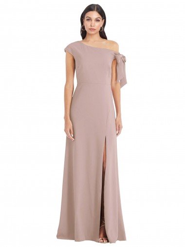 Off the Shoulder Tie Detail Maxi Crepe Evening Dress with Front Slit UK