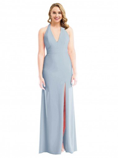 Plunge Neck Halter Backless Trumpet Evening Dress with Front Slit UK