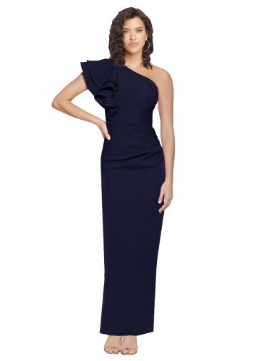 Ruched Floor Length Long Crepe Evening Dress with Shoulder Ruffles UK
