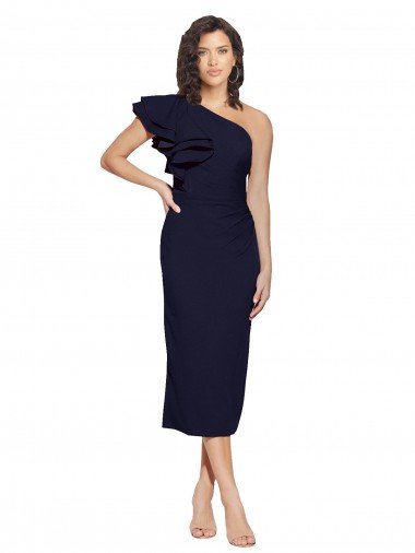 Ruched Midi Length Short Crepe Cocktail Evening Dress with Shoulder Ruffles UK