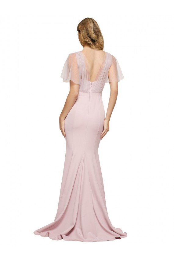 Crepe Long Sweetheart Neckline Evening Dress with Tulle Overlay Shoulders