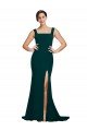 Fitted Square Neck Long Crepe Evening Dress with Train and Side Split