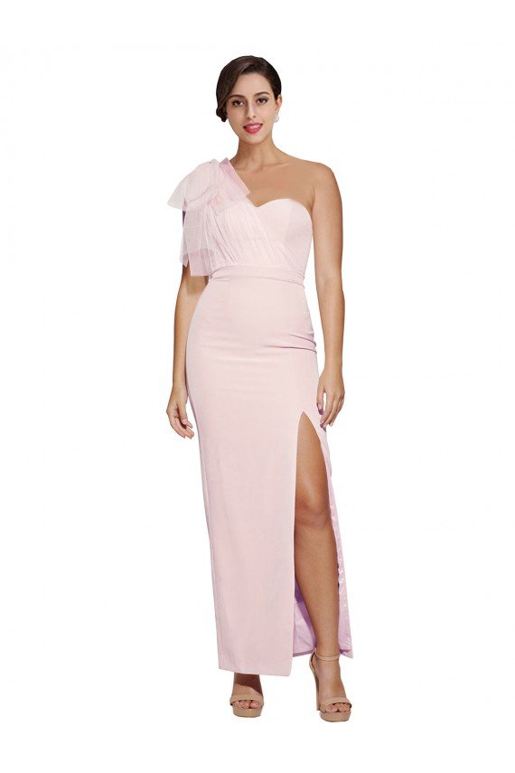 One Shoulder Tulle Overlay Sweetheart Neckline Long Crepe Evening Dress with Thigh Split
