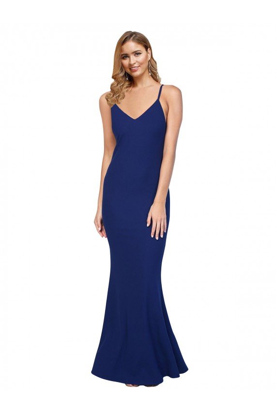Full Length V-Neckline Crepe Evening Dress with Thin Straps and Fulted Skirt