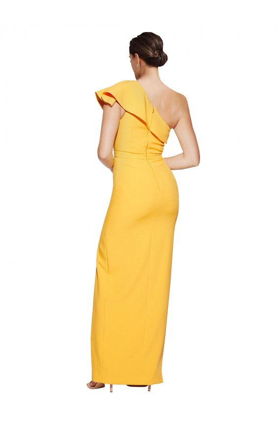 One Shoulder Floor Length Crepe Evening Dress with Thigh High Split