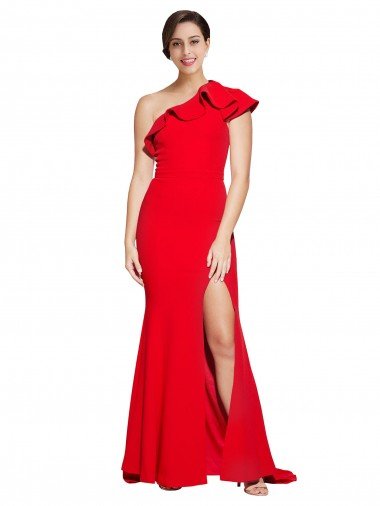 One Shoulder Long Sweep Train Crepe Evening Dress with Thigh High Split UK