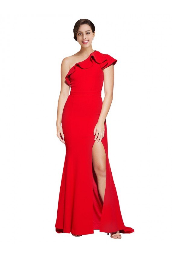 One Shoulder Long Sweep Train Crepe Evening Dress with Thigh High Split