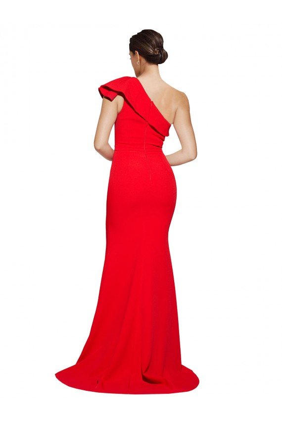 One Shoulder Long Sweep Train Crepe Evening Dress with Thigh High Split