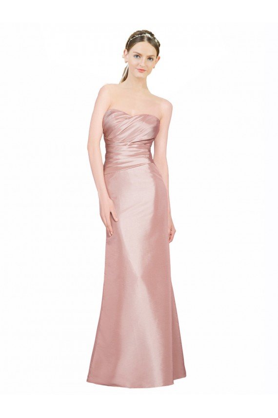 Long Strapless Stretch Satin Evening Dress with Pleats and Low Back