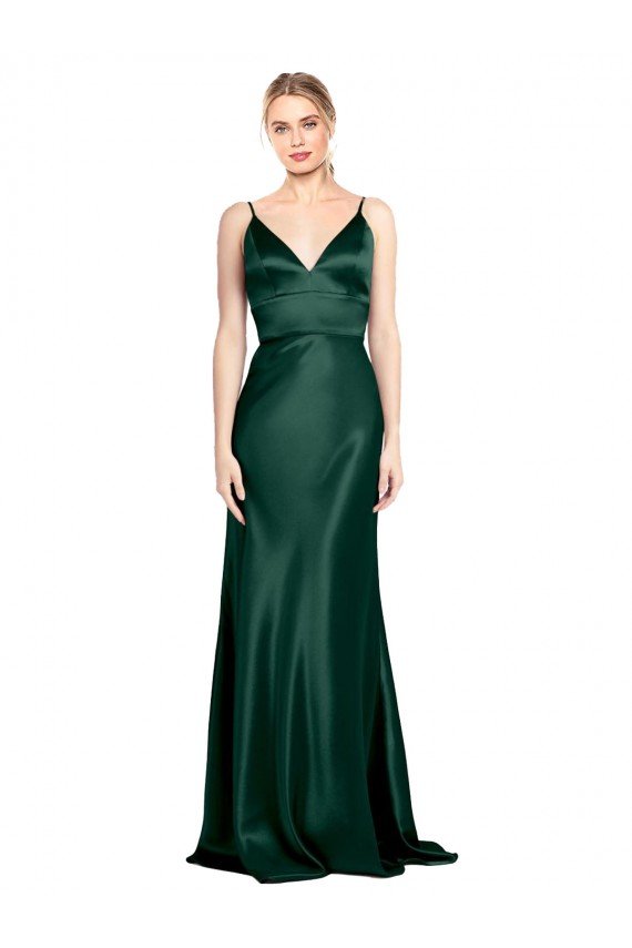 High V-Neck Long Full Length Sheath Stretch Satin Evening Dress