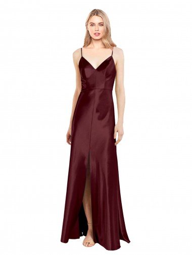 Sleek Spaghetti Straps V-Neck Stretch Satin Evening Dress with Center Front Slit UK