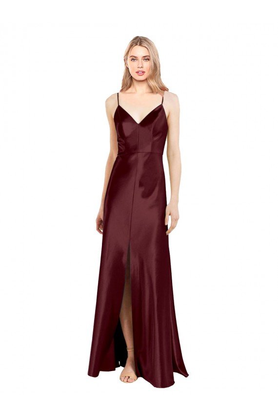 Sleek Spaghetti Straps V-Neck Stretch Satin Evening Dress with Center Front Slit