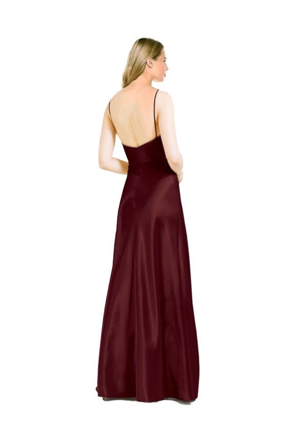 Sleek Spaghetti Straps V-Neck Stretch Satin Evening Dress with Center Front Slit