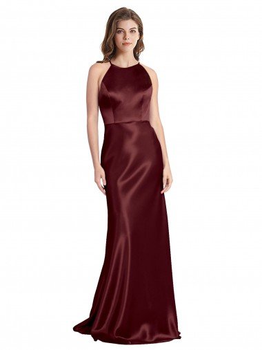 High Neck Halter Long Sleeveless Stretch Satin Evening Dress with Strappy Back UK