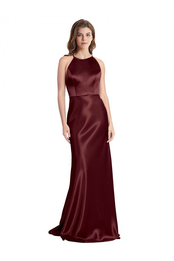 High Neck Halter Long Sleeveless Stretch Satin Evening Dress with Strappy Back