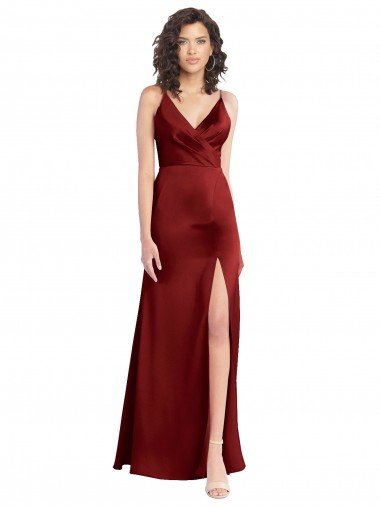 Faux Surplice Neckline Long Slim A-Line Stretch Satin Evening Dress UK