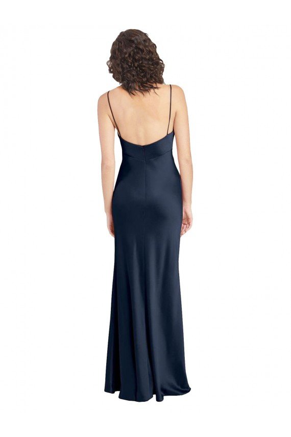 Cowl Neck Long Empire Waist Stretch Satin Evening Dress with Open Back