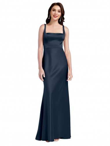 Square Neck A-Line Long Stretch Satin Evening Dress with Wide Straps UK