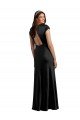 Plunging V-Neck Cap Cleeves Long Stretch Satin Evening Dress with Keyhole Back