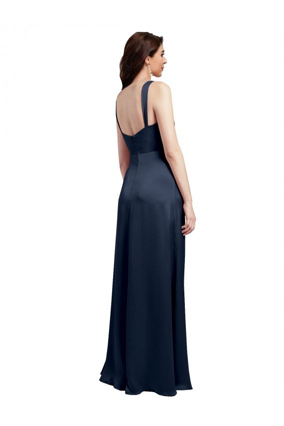 Cowl Neck Soft Long Stretch Satin Evening Dress with Side Slit and Pleated Straps