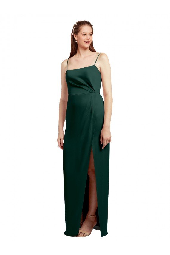 Sleek Straight Neckline Long Wrap Stretch Satin Evening Dress with Angled Pleats