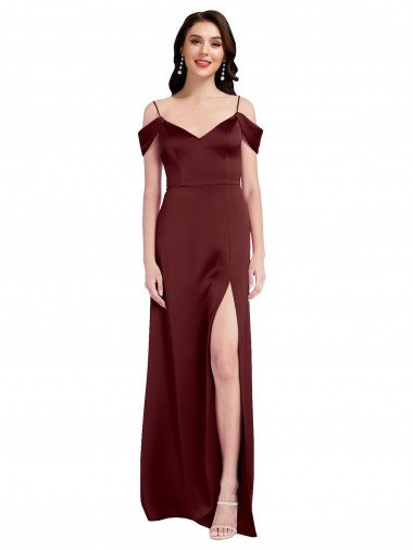 Draped Off the Shoulder Sleeves Slim A-Line Stretch Satin Evening Dress with Side Slit UK