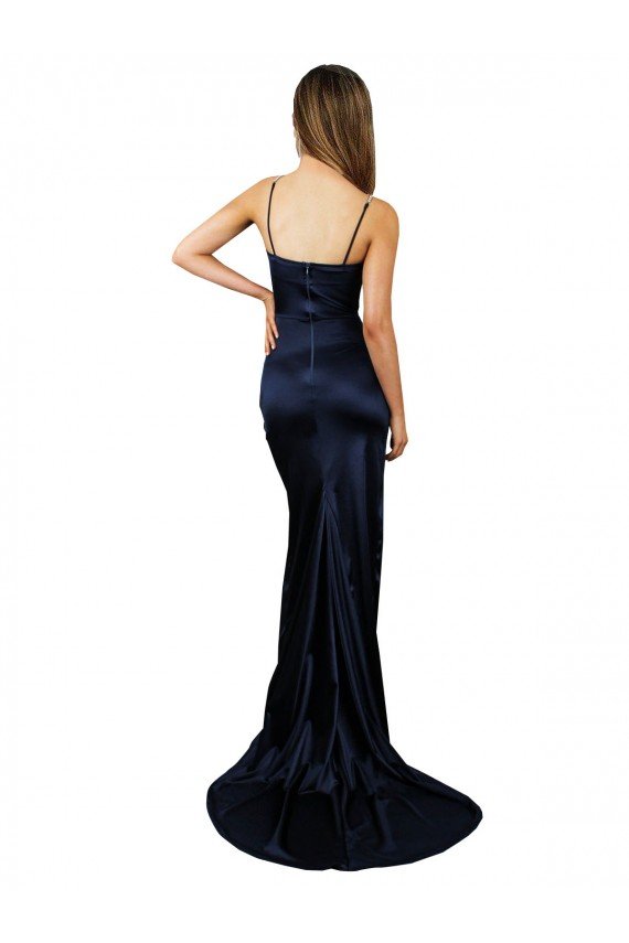 Pleated Sash Skirt Long Stretch Satin Evening Dress with High Slit