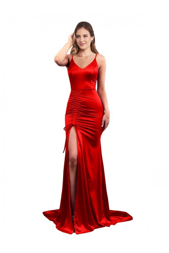 Long Pleated Stretch Satin Evening Dress with High Slit