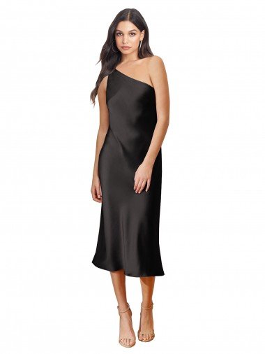 Sleek One Shoulder Midi Length Short Stretch Satin Slip Cocktail Evening Dress UK