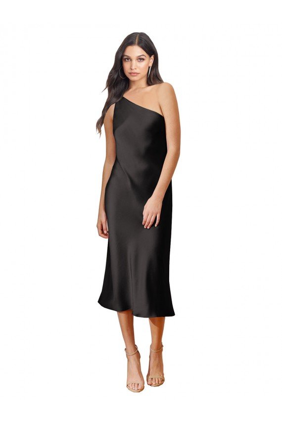 Sleek One Shoulder Midi Length Short Stretch Satin Slip Cocktail Evening Dress