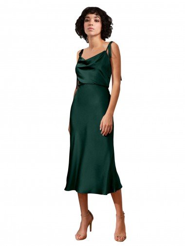 Spaghetti Straps Tie Shoulders Cowl Neck Short Midi Length Stretch Satin Cocktail Evening Dress UK