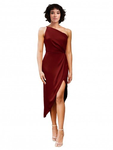 One Shoulder Midi Length Short Stretch Satin Wrap Style Cocktail Evening Dress UK
