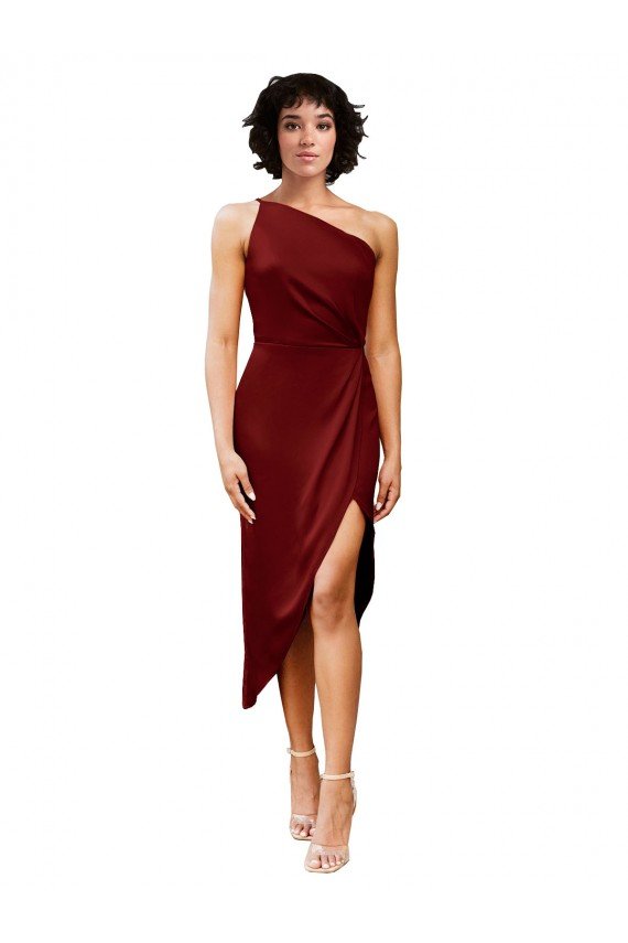 One Shoulder Midi Length Short Stretch Satin Wrap Style Cocktail Evening Dress