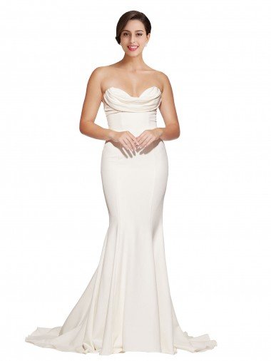 Strapless Cowl Neck Sweep Train Stretch Satin Evening Dress UK