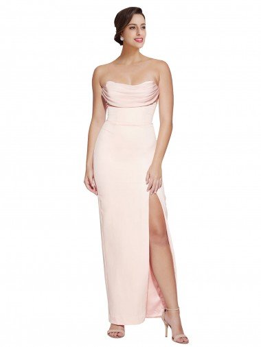 Cowl Neck Strapless Stretch Satin Evening Dress with High Split UK