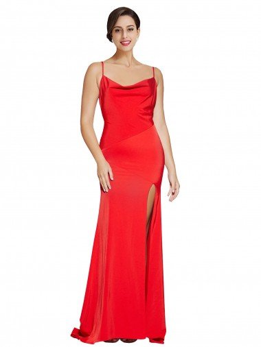 Low Back Cowl Neck Stretch Satin Evening Dress with High Side Slit UK
