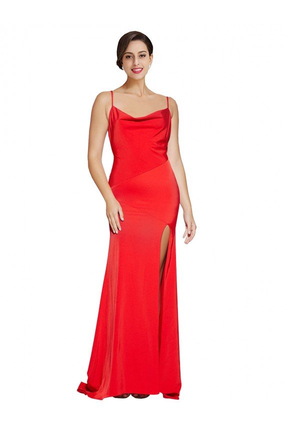 Low Back Cowl Neck Stretch Satin Evening Dress with High Side Slit