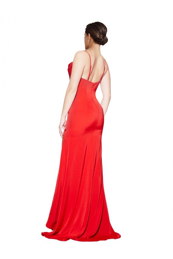 Low Back Cowl Neck Stretch Satin Evening Dress with High Side Slit