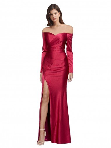 Long Sleeves Off the Shoulder Stretch Satin Evening Dress with High Side Split UK