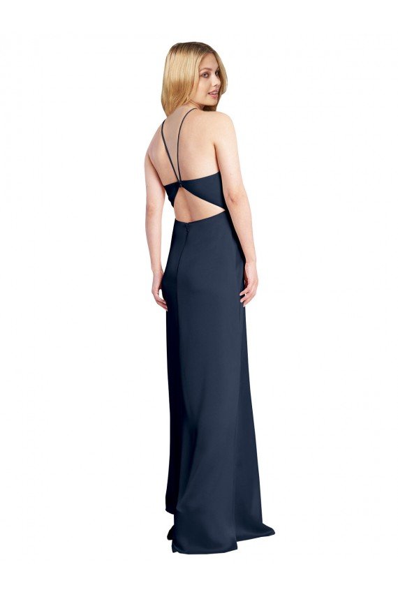 Halter Neckline Long Stretch Satin Evening Dress with Strappy Back and Side Slit