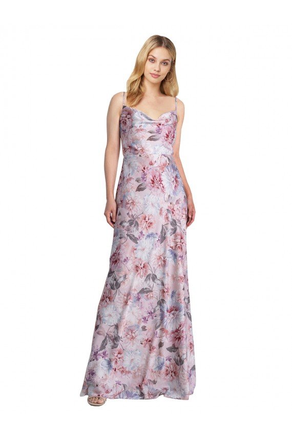 Draped Cowl Neck Long Printed Stretch Satin Evening Dress