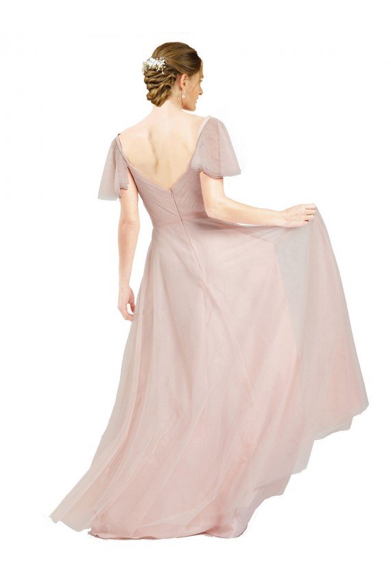 Long V-Neck Flutter Sleeves Tulle Evening Dress