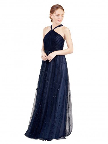 Floor Length Long Halter Pleated Tulle Evening Dress UK