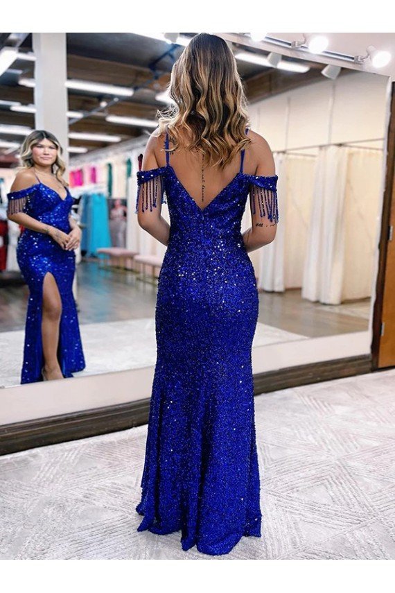 Cold Shoulder Sleeveless Long Floor Length Velvet Sequin Evening Dress with Slit