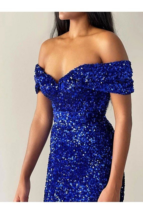 Mermaid Off the Shoulder Sleeveless Long Sweep Train Velvet Sequin Evening Dress